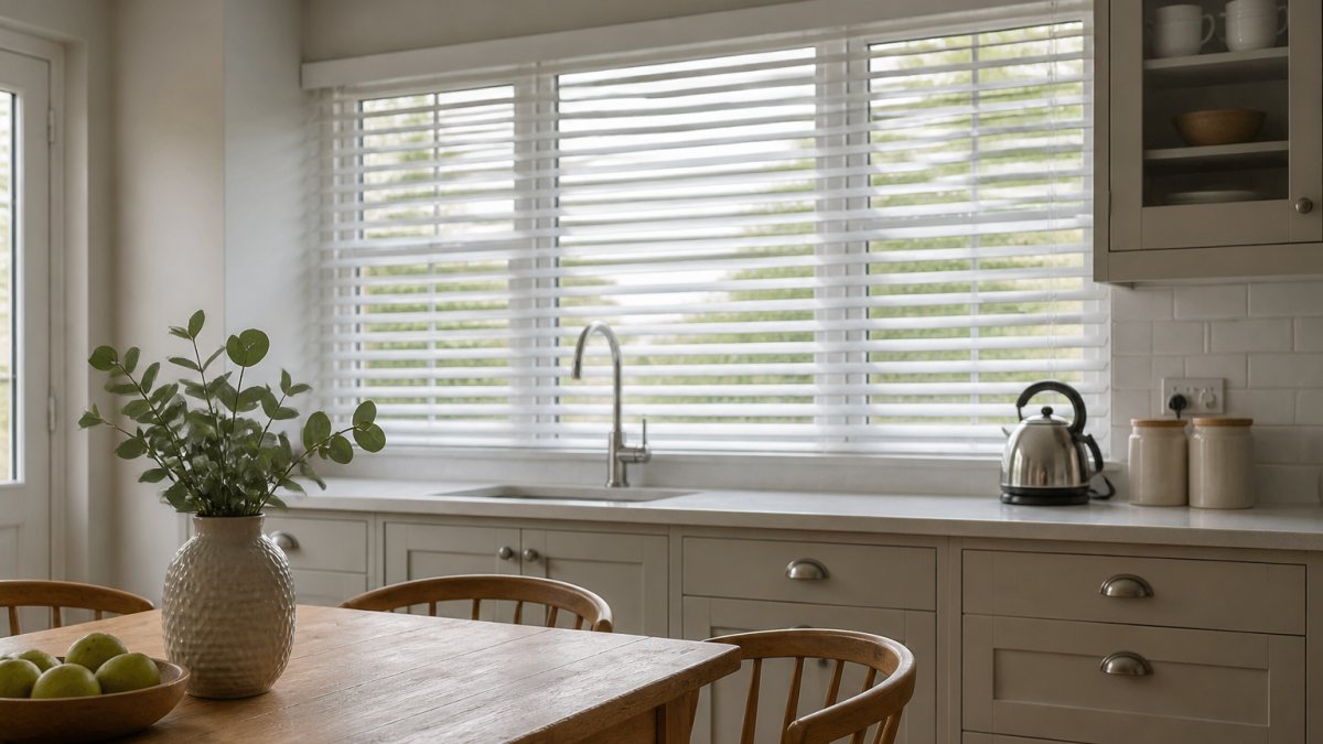 A bright modern kitchen with white faux wood Venetian blinds partially tilted to let in soft daylight, a wooden dining table in the foreground, and a kettle on the counter
