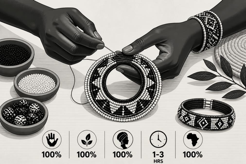 Close-up of artisan hands carefully beading a handcrafted jewelry piece, showing intricate traditional patterns and natural lighting on the work surface