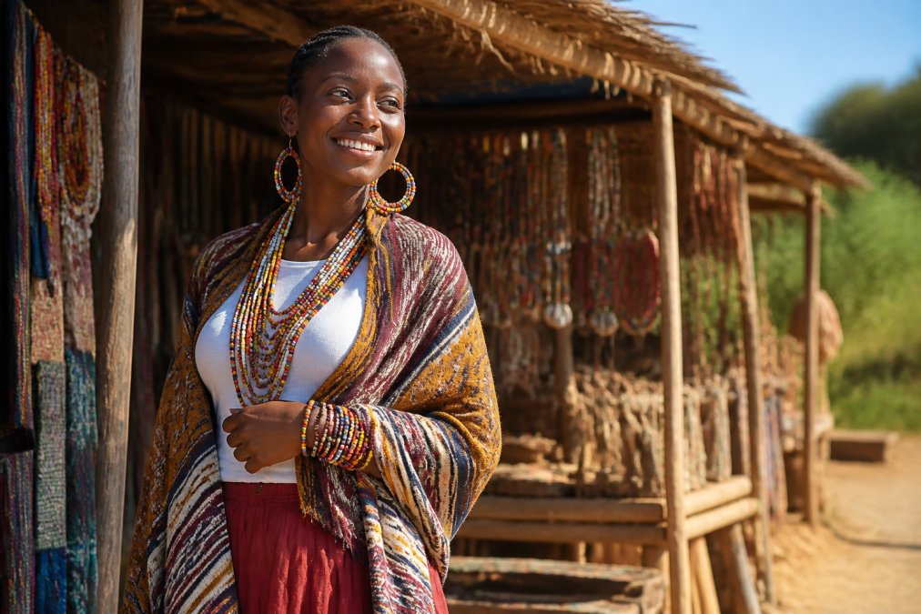 Person wearing sustainable East African fashion pieces, handwoven shawl draped elegantly, beaded jewelry visible on wrists and neck, in natural daylight, standing in a setting that showcases the artisan-made details and cultural richness