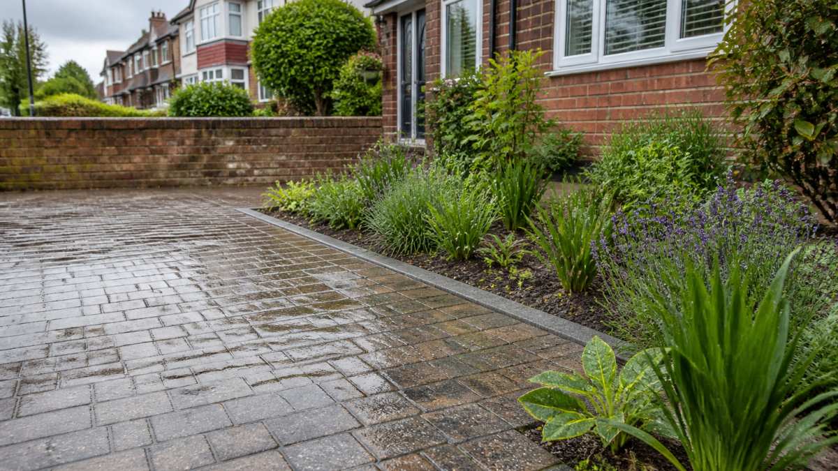 A small residential front garden with a planted rain garden border and permeable block paving driveway, water soaking into the surface after rainfall, a house and low brick wall in the background, soft overcast daylight