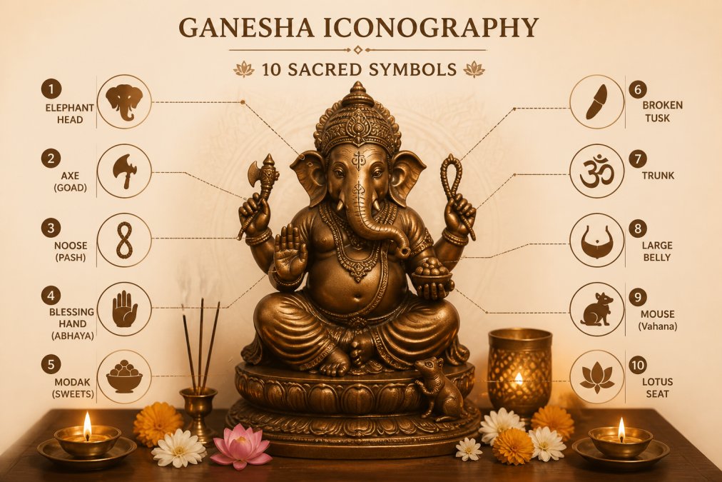 A beautifully detailed bronze Ganesha statue in a home meditation altar with soft candlelight illuminating the intricate craftsmanship, surrounded by fresh flowers and incense, showing the full figure with all symbolic elements clearly visible