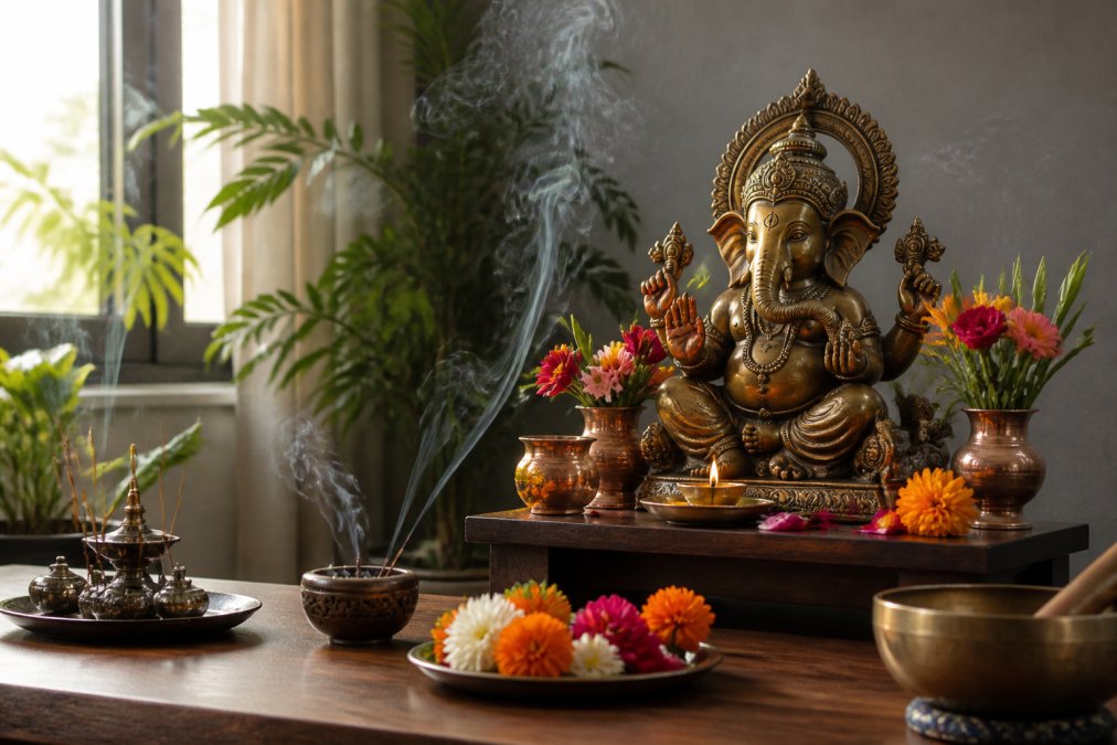 A serene home meditation corner with a bronze Ganesha statue thoughtfully positioned on an altar, surrounded by fresh flowers and incense smoke, demonstrating proper placement with soft natural light creating reverent atmosphere