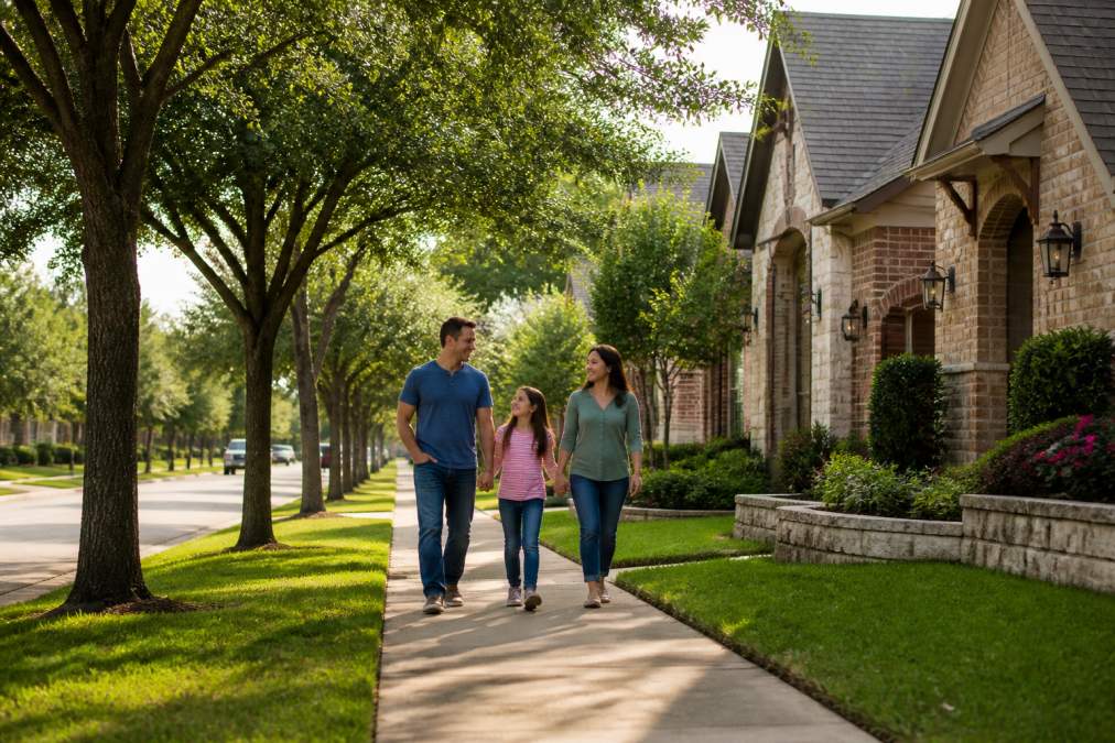Family walking down a tree-lined suburban street in Frisco, Texas, past modern residential homes.