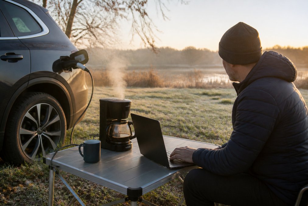 En person sidder på et foldbart campingbord ved siden af en elbil med en V2L-adapter tilsluttet ladestikket. På bordet står en kaffemaskine, der er i gang med at brygge, og en bærbar computer. Det er tidlig morgen i naturskønne omgivelser med dug på græsset og blødt morgenlys