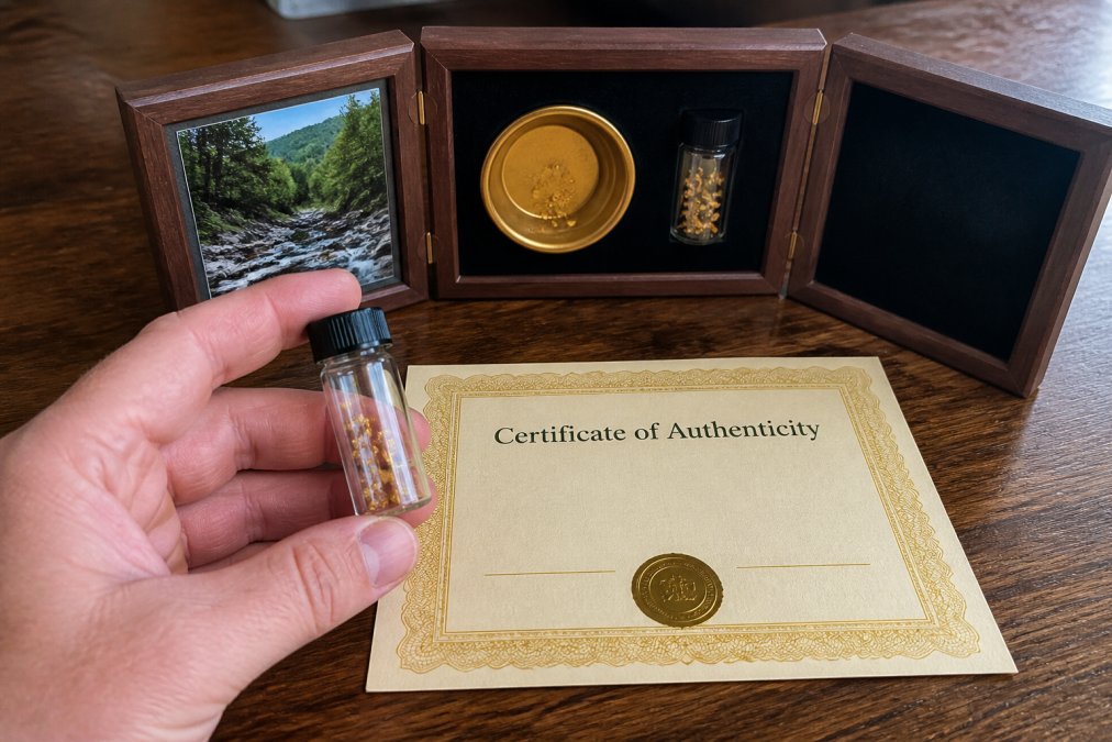 Close-up of a hand holding a small glass vial containing raw placer gold flakes next to a Certificate of Authenticity and a handcrafted tri-fold display case on a wooden table