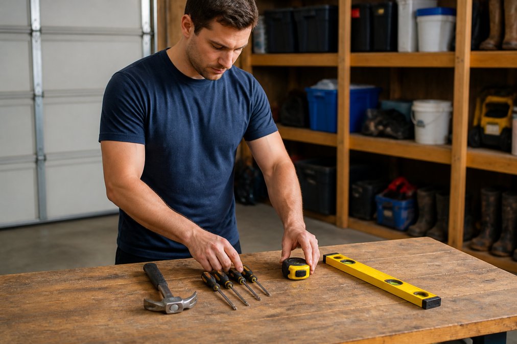 New homeowner organizing a starter toolkit on a workbench for home maintenance tasks
