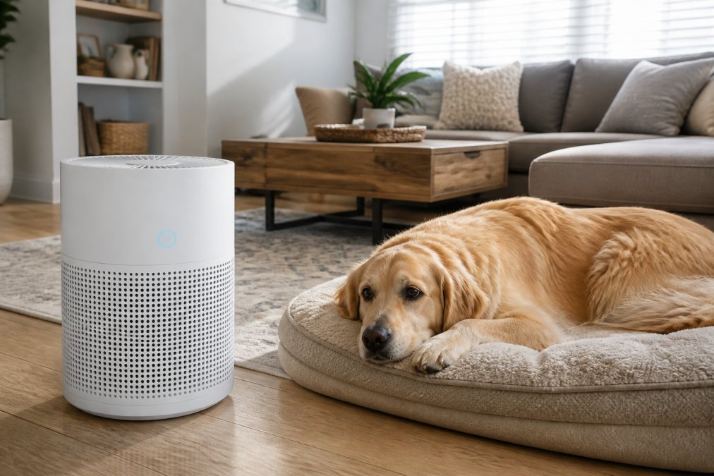 A sunlit modern living room with a sleek white air purifier running beside a plush dog bed, a golden retriever resting nearby, and a soft indicator light glowing on the unit
