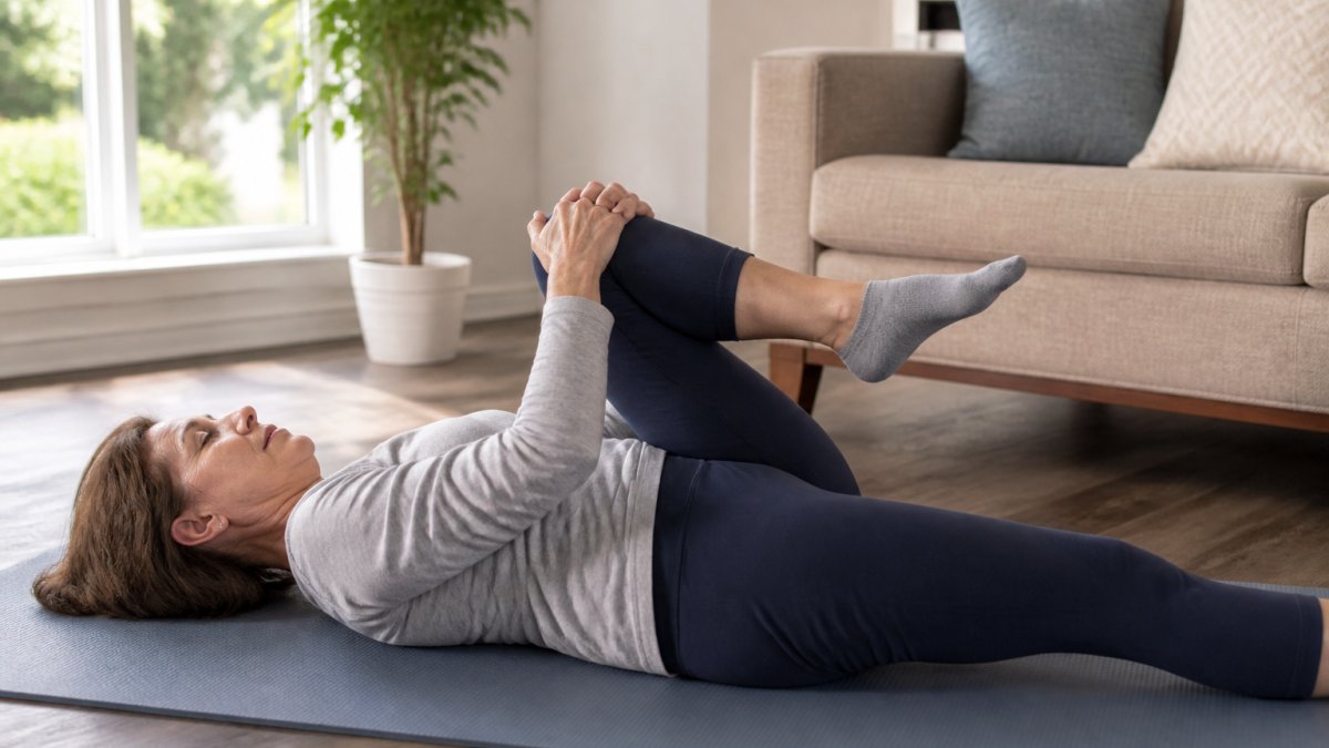A middle-aged woman performing a gentle knee-to-chest stretch on a yoga mat in a bright living room, wearing comfortable athletic clothing, with natural light coming through a window