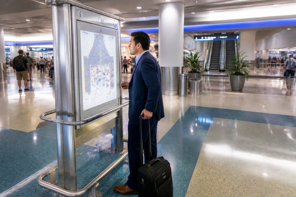 Professional traveler consulting a digital wayfinding kiosk in a modern airport terminal, with directional signage and departure boards visible overhead, bright fluorescent lighting