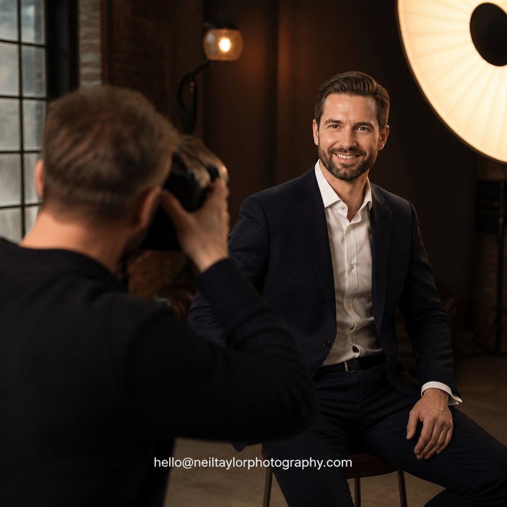 Professional demonstrating confident posture and genuine smile making direct eye contact with the camera, set against a clean, neutral background with professional studio lighting highlighting facial features and expression
