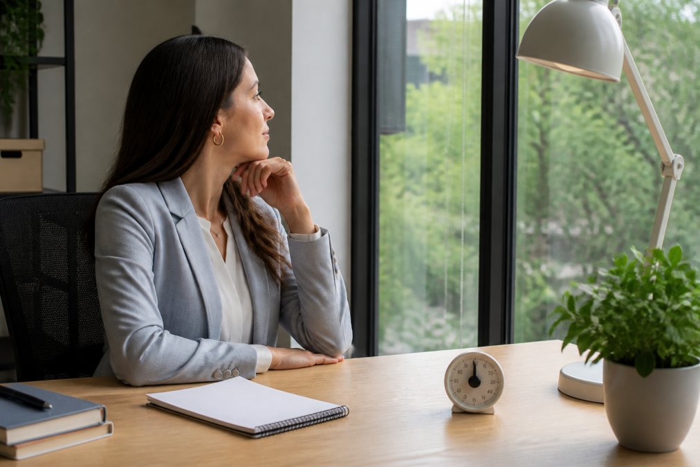 A professional woman at a bright desk glancing away from her monitor toward a window with trees in the distance, a small timer visible on her desk