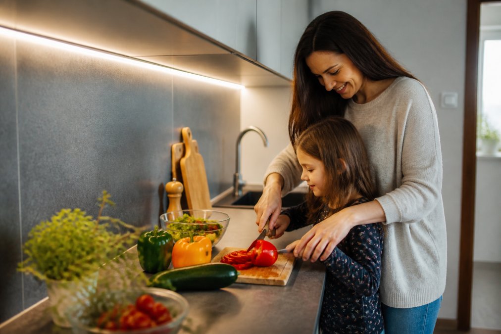 Detail LED osvětlení pod horními skříňkami kuchyňské linky, které jasně osvětluje pracovní plochu a vytváří pocit větší kuchyně