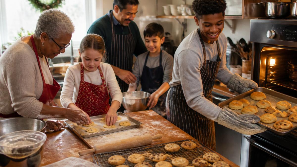 Multigenerational family baking holiday cookies and golden teacakes together in a warm, cozy kitchen scene.