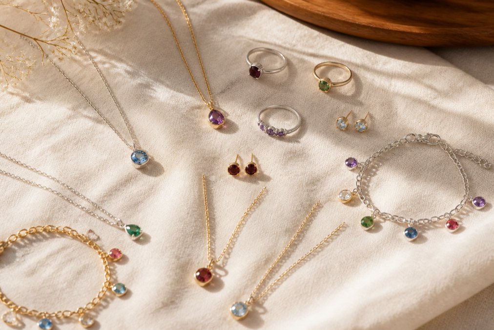 Flat lay arrangement of various birthstone jewelry pieces including personalized necklaces, charm bracelets, stud earrings, and rings in sterling silver and gold finishes, with different colored gemstones representing multiple birth months, arranged on a soft cream linen background with natural window lighting