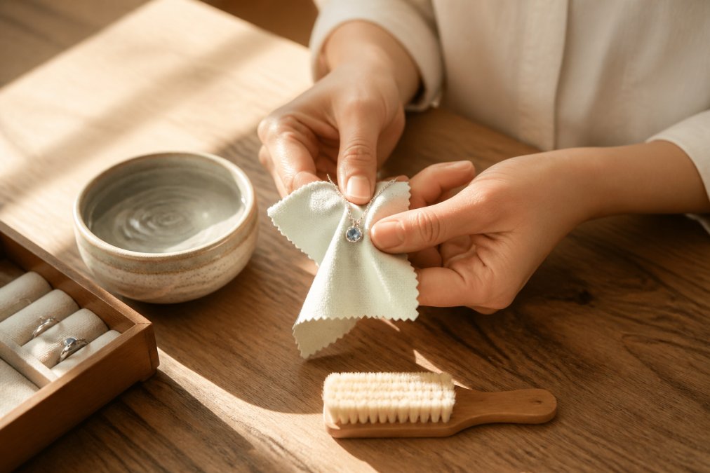 Close-up of hands gently polishing a delicate sterling silver birthstone necklace with a soft microfiber cloth, with a small ceramic jewelry cleaning bowl and natural bristle brush visible on a wooden surface, warm afternoon sunlight streaming across the workspace
