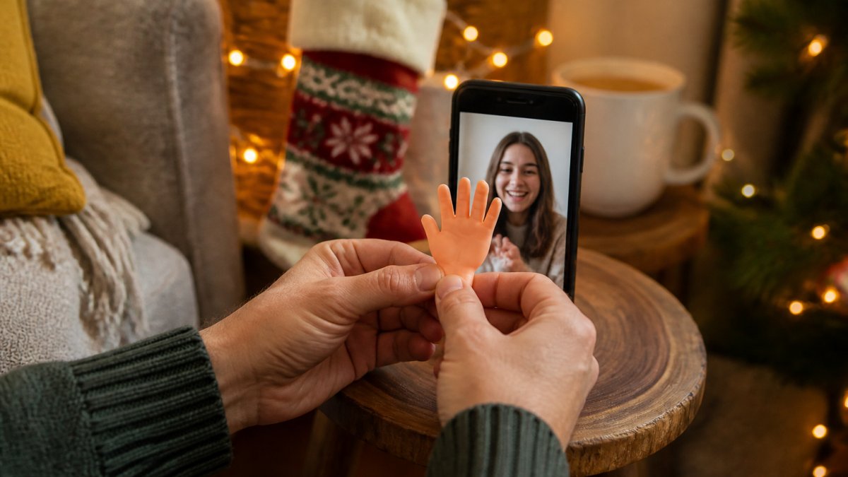 A pair of hands holding a tiny plastic miniature hand up to a smartphone camera during a video call, with a wrapped Christmas stocking and fairy lights blurred in the background of a cosy living room