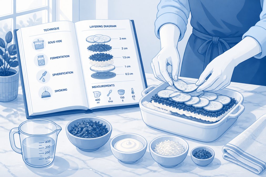 Home cook's hands carefully layering ingredients in a ceramic dish on a marble counter, with an open cookbook showing technique diagrams and measurements visible, natural window light streaming across the workspace