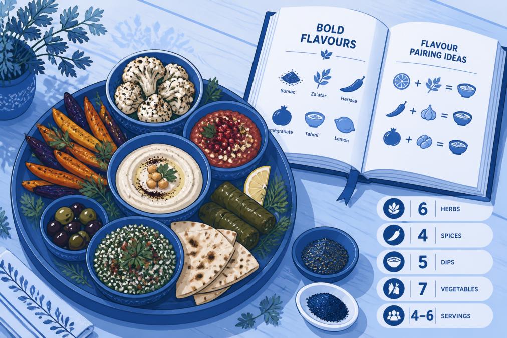 Beautifully arranged mezze platter with vibrant roasted vegetables, fresh herbs, and spiced dishes in warm afternoon sunlight on a wooden table, with an open cookbook showing flavour-forward recipes nearby