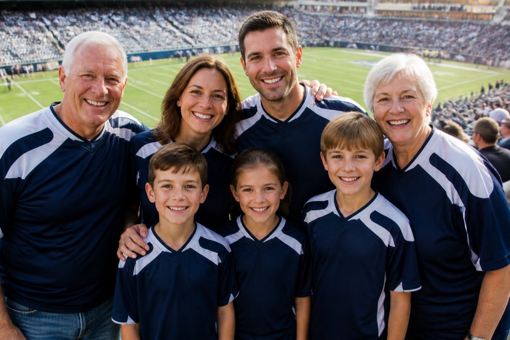 Multi-generational family wearing coordinated custom football shirts in team colors, standing together on game day with genuine smiles and clear team pride visible, stadium background
