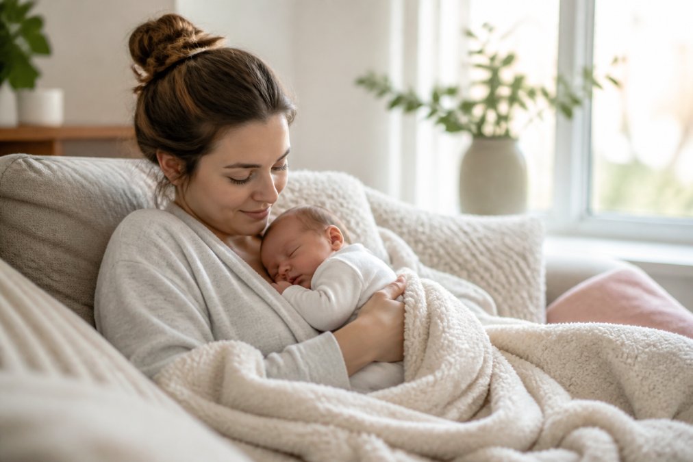 A new mother relaxing on a couch wrapped in a cozy fleece blanket, holding her newborn, with soft natural lighting from a window in the background