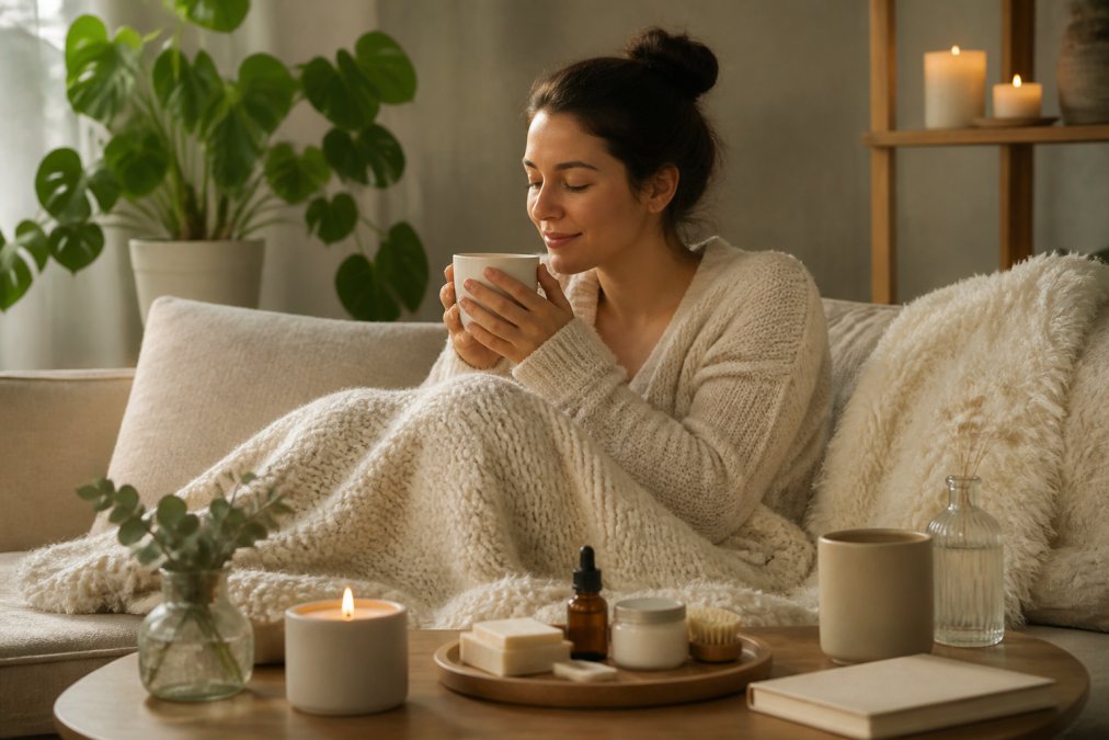 A mother taking a moment for herself with a warm beverage in a peaceful home setting, surrounded by wellness items like candles and soft textures