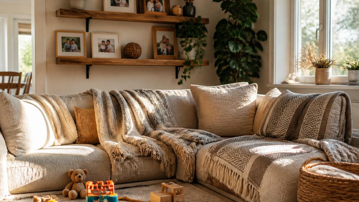 Cozy family living room with woven cotton blankets draped over a sofa, personalized acrylic plaques displaying family names on floating shelves, framed family photos interspersed with handmade decorative pieces, children's toys scattered naturally, warm afternoon sunlight streaming through windows