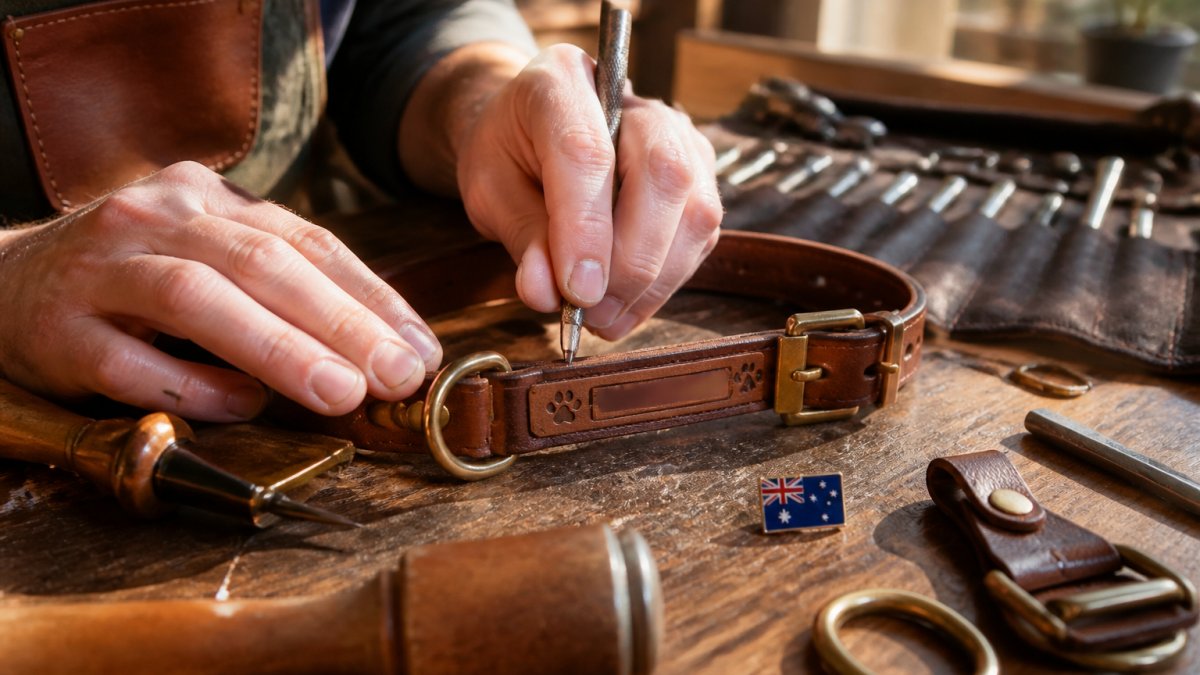Handmade leather dog collar with custom engraving resting on a wooden workbench with artisan tools in warm light