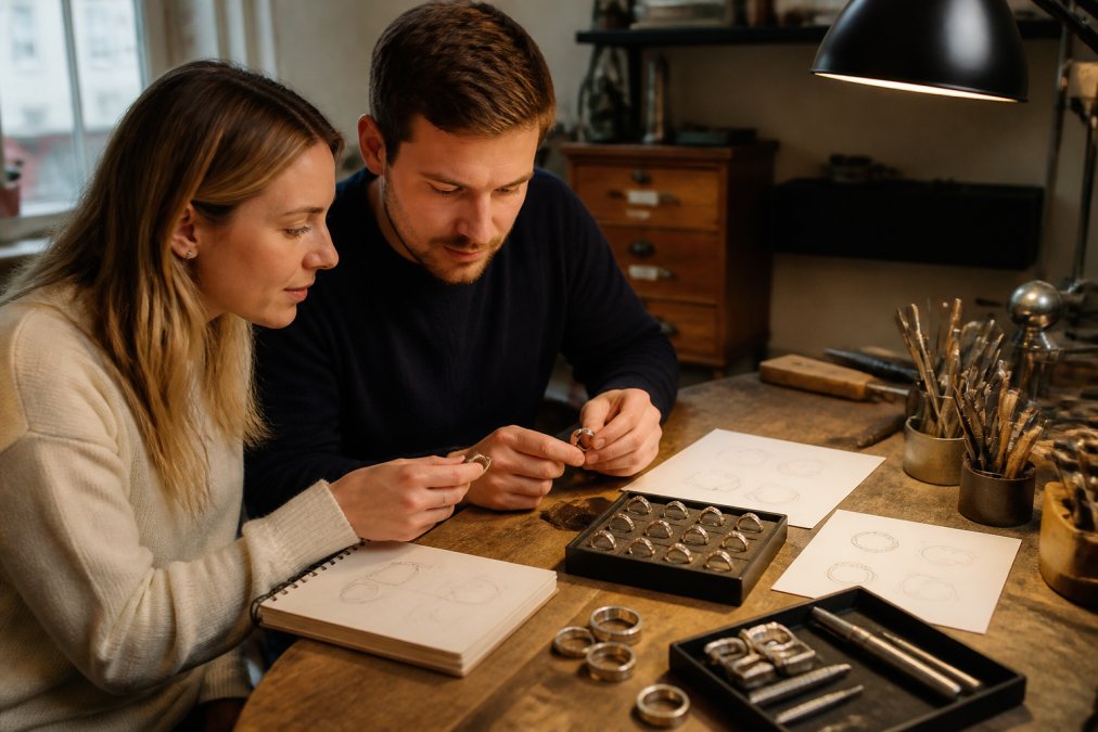 A couple sitting together at a jeweller's workbench, examining handmade wedding band designs and metal samples, with sketches and tools visible on the wooden surface under warm workshop lighting