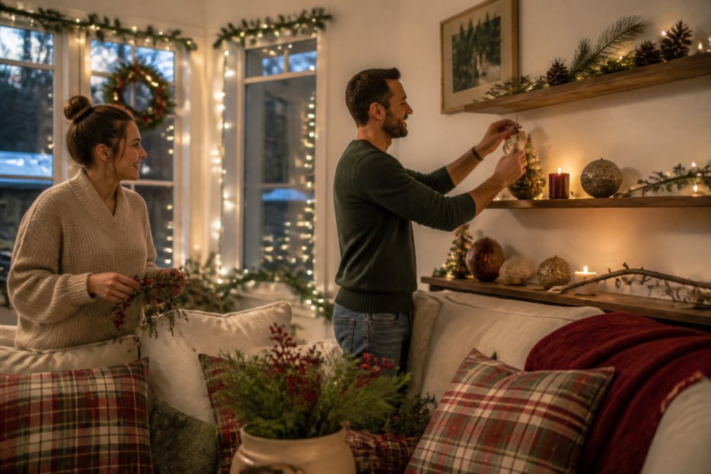 Modern living room featuring layered holiday ornaments, draped string lights, and natural branches for a festive ambiance.