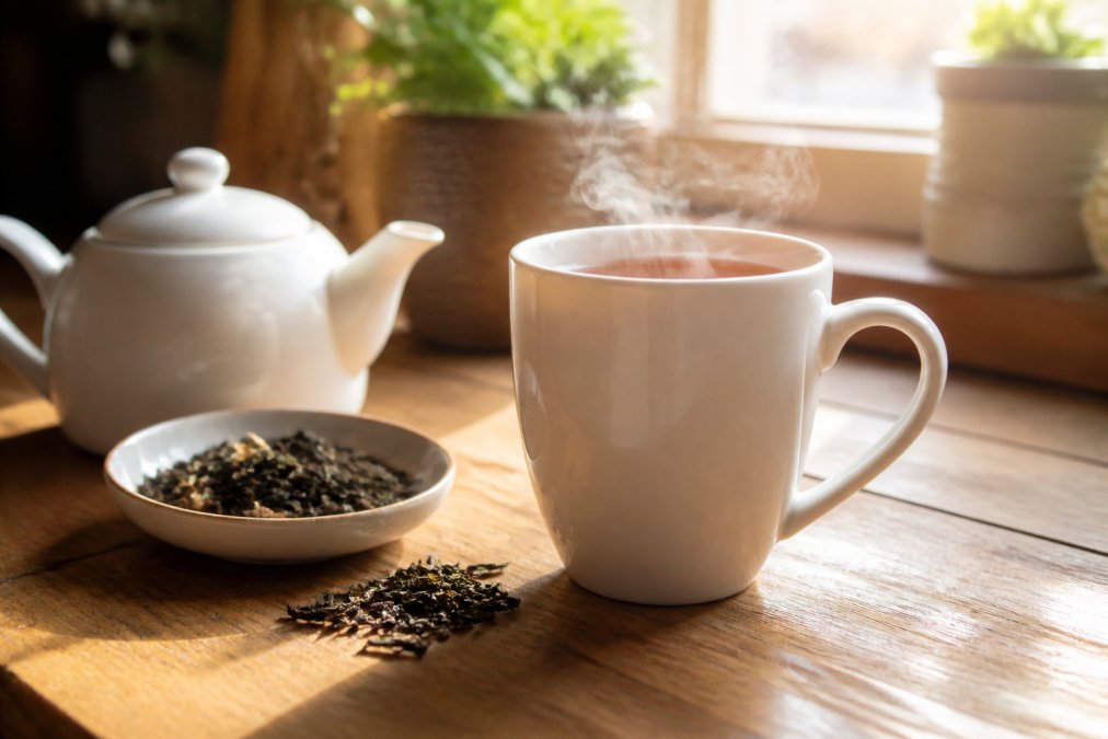 A glossy white ceramic mug filled with steaming tea on a wooden kitchen table, a small teapot and scattered loose tea leaves on a saucer beside it, soft morning window light