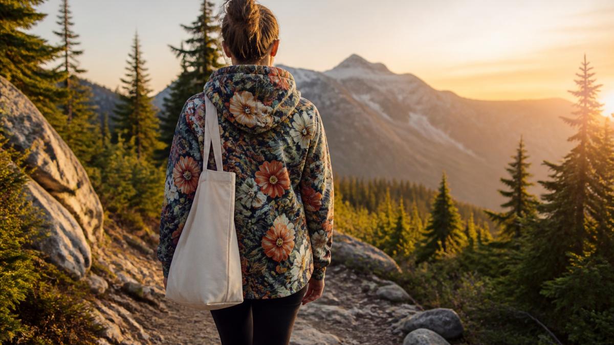 Hiker in a floral hoodie carrying an eco-friendly tote bag on a scenic forest trail at sunrise with distant mountains.