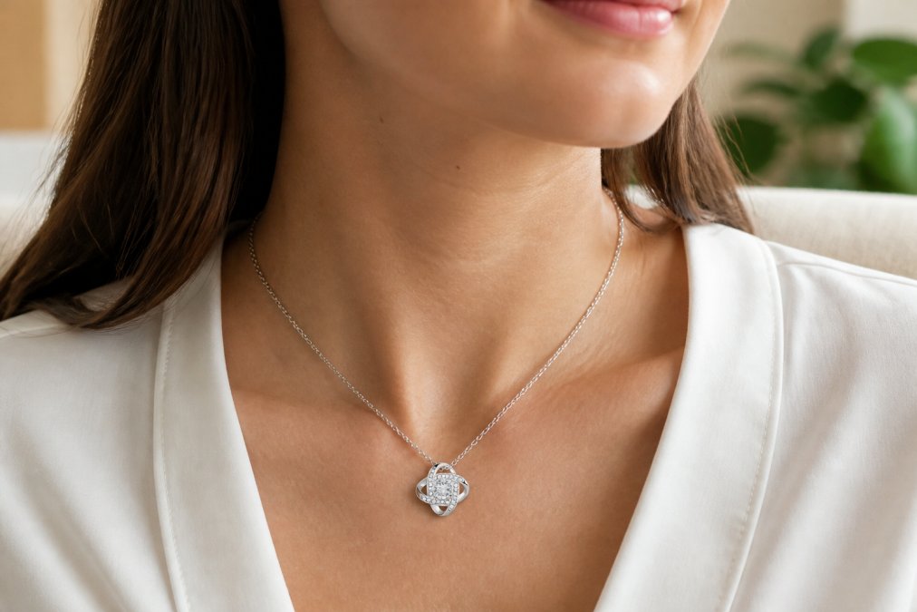 Woman wearing the Love Knot necklace in white gold, close-up against her collarbone in natural daylight, intimate and warm home setting with soft lighting