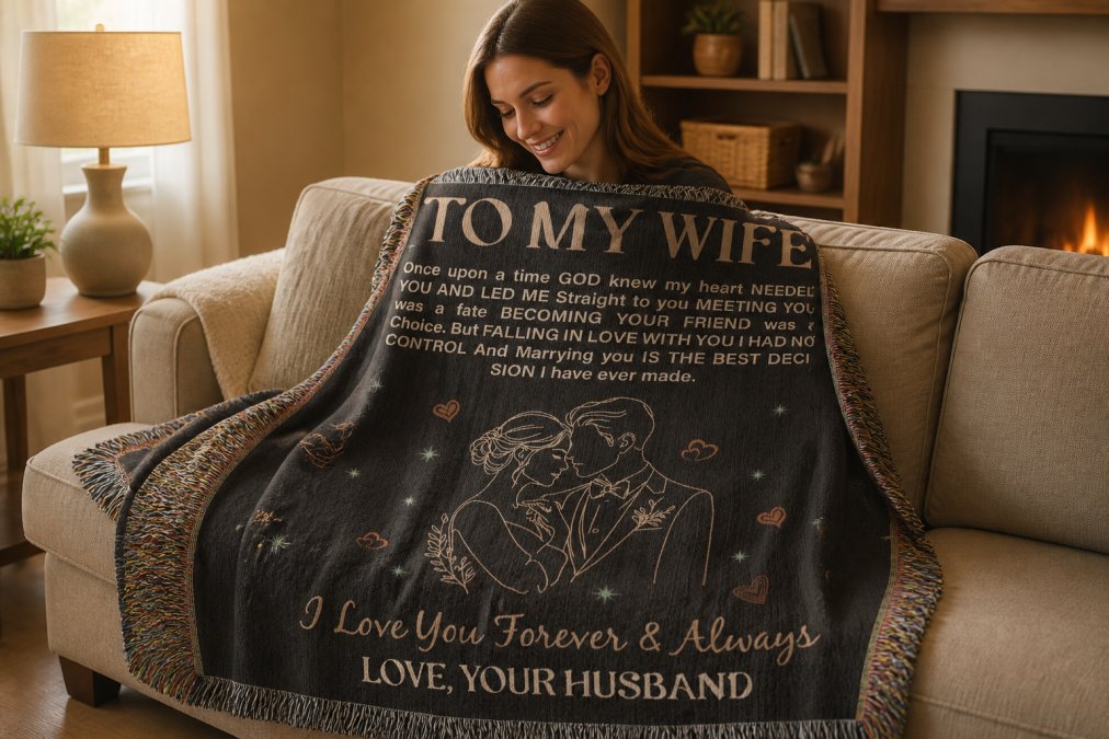 Woman wrapped in the custom woven heirloom blanket, seated comfortably on a couch in warm home interior lighting, texture and detail of the cotton weave visible