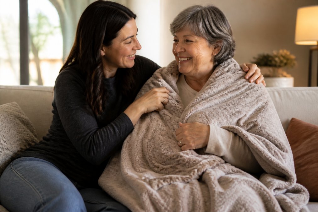 A daughter wraps a personalized fleece blanket around her smiling mother, one of many sentimental gifts for parents.
