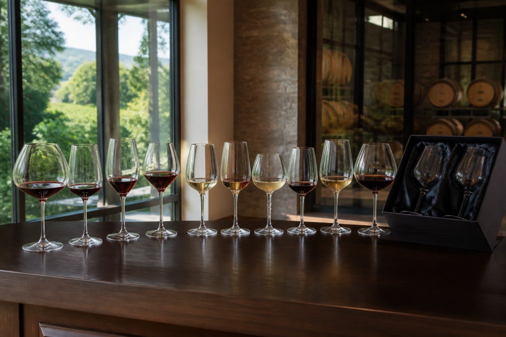 Professional wine tasting setup with 10 unique wine glass designs for cellar doors arranged on dark wooden counter, showing different bowl shapes and stem styles with red and white wine inside, natural window lighting highlighting glass clarity and colour