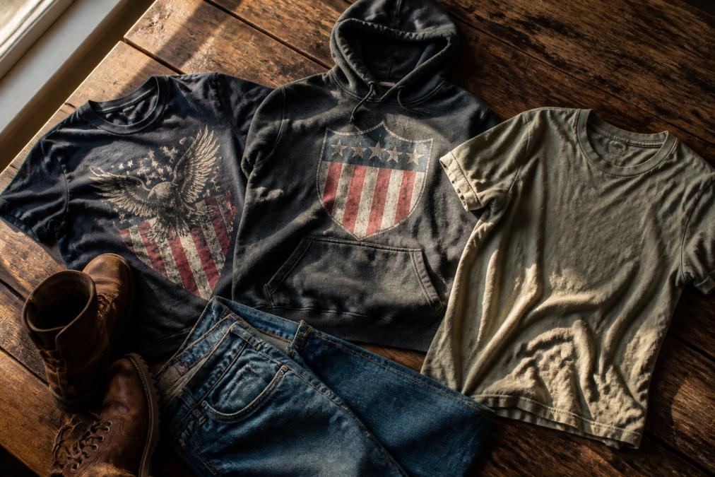 Flat lay of several patriotic t-shirts and a hoodie on a rustic wooden table, featuring a vintage eagle graphic tee, a shield design hoodie, and a garment-dyed tee, styled beside denim jeans and leather work boots in natural window light