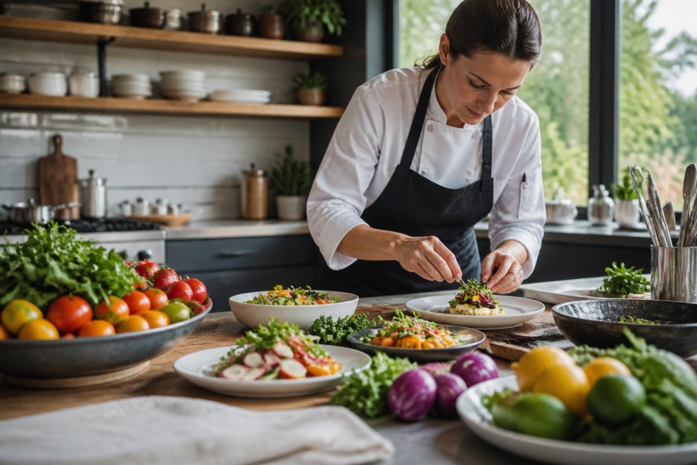 Professional chef in a modern kitchen carefully plating fresh vegan and gluten-free dishes with vibrant vegetables, quality ingredients, and natural lighting