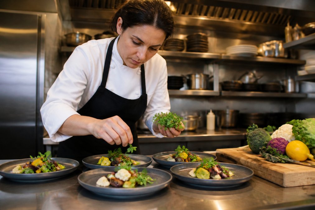Professional chef in a kitchen carefully preparing fresh vegan and gluten-free dishes with vibrant vegetables, quality ingredients, and precise plating technique under warm kitchen lighting