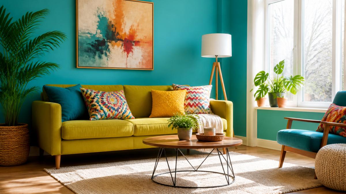 A bright modern living room with a turquoise accent wall, a chartreuse sofa, and colorful patterned throw pillows on a neutral rug, sunlight streaming through large windows