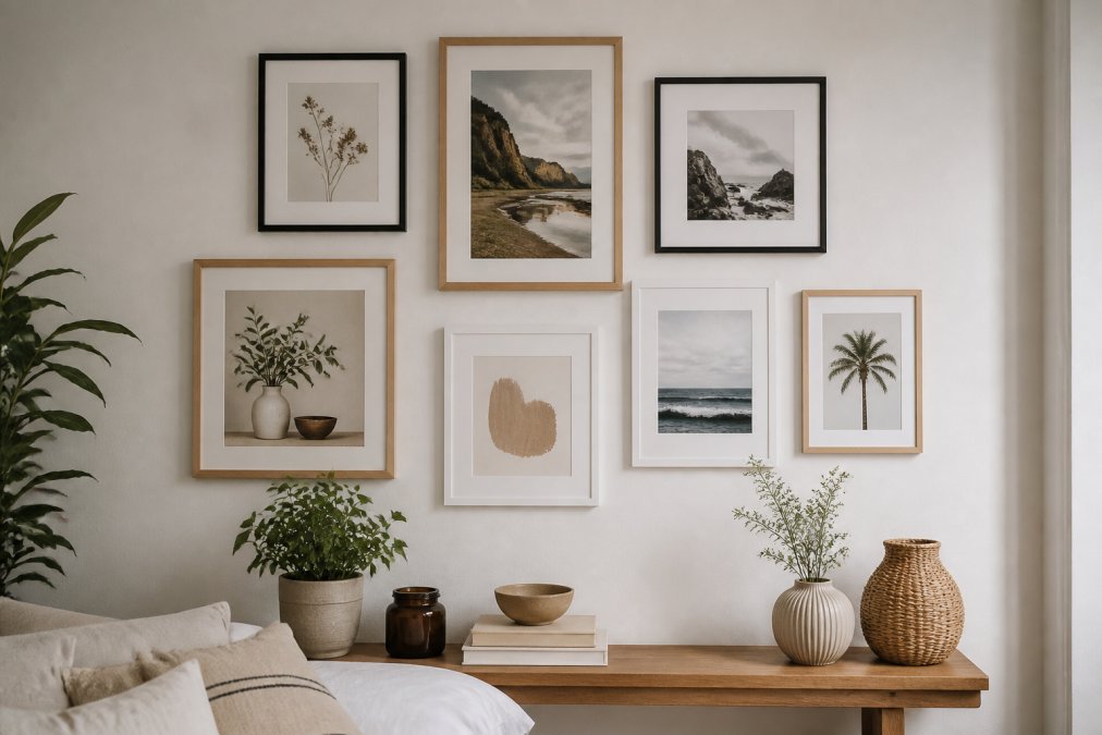 A carefully arranged gallery wall featuring 7 framed prints in mixed frame sizes and finishes (black, natural wood, white) hung symmetrically on a white apartment wall, with a small wooden shelf below displaying decorative objects