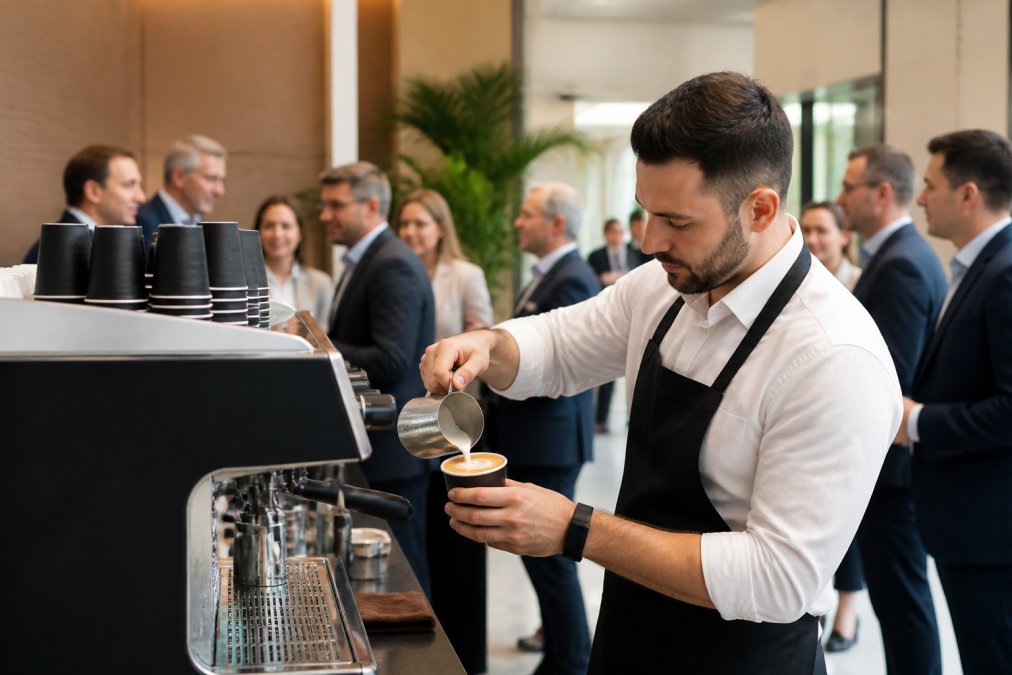 Professional barista in branded apron crafting a specialty latte with precision at a mobile espresso bar, with corporate event attendees waiting in line and conversing in background
