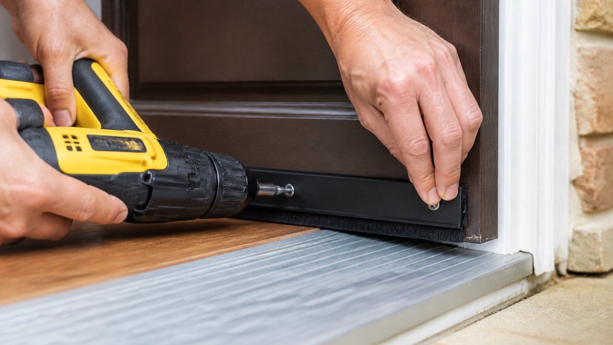 Close-up of hands installing a door sweep on the bottom of an exterior door, showing proper alignment and screw attachment to the door frame