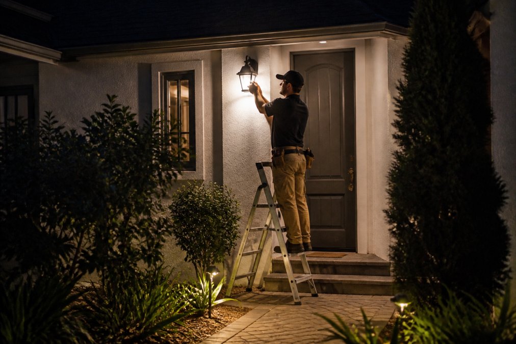 Professional installing exterior lighting fixture at residential home entry during evening hours, with neutral white LED light illuminating the doorway and surrounding landscape