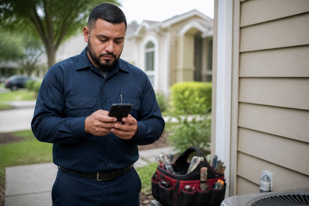Field technician in work uniform checking messages on smartphone while standing at residential job site with tool bag visible in background, natural daylight