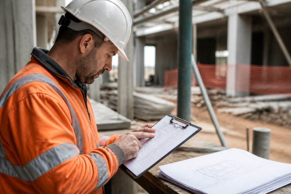 Field inspector on a construction site reviewing a checklist on a mobile device, with a clipboard and site documentation visible in the background