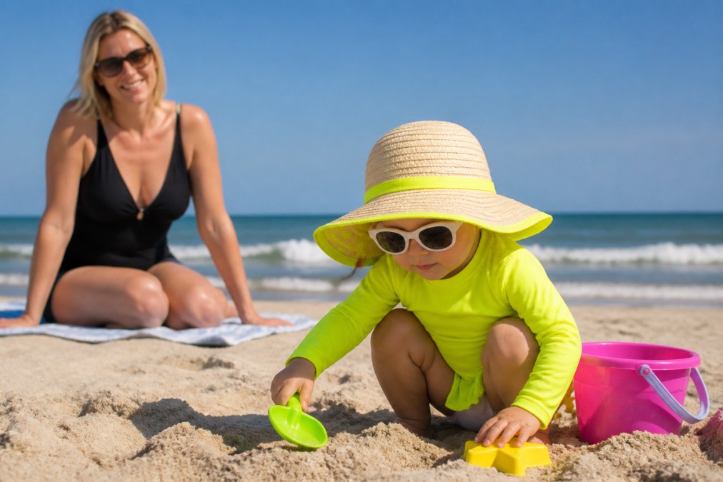 Toddler wearing bright neon yellow rash guard, wide-brimmed sun hat, and UV-protective sunglasses playing at the beach while parent supervises nearby in morning sunlight