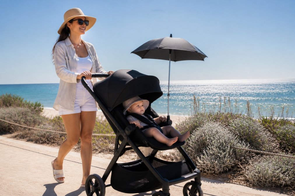 Parent pushing a stroller with an extended UV-protective canopy and attached parasol in bright afternoon sunlight, baby visible and protected inside the shaded area at a beach setting