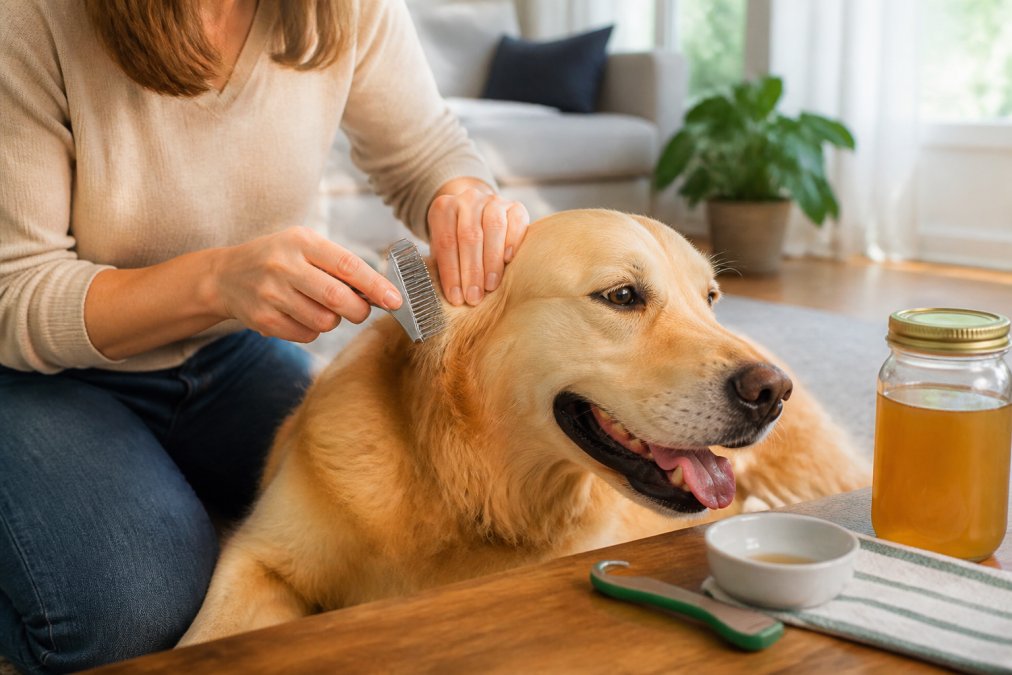 A pet owner using a fine-toothed stainless steel comb to carefully inspect a golden retriever's fur in a bright, sunlit living room, with a tick removal tool and a jar of apple cider vinegar visible on a nearby table