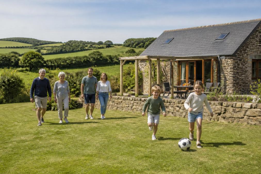 A multi-generational family enjoying outdoor activities near a converted barn holiday cottage, with countryside views, green fields, and natural sunlight in the background