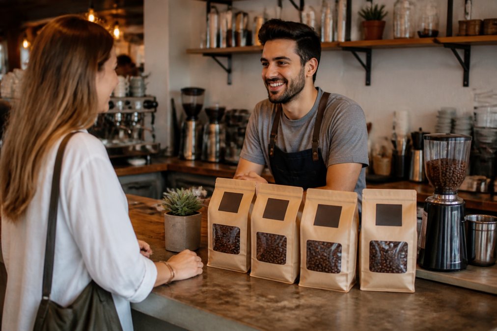 A customer smiling while talking with a barista at the counter of a cozy coffee shop, with bags of fresh beans displayed on the counter